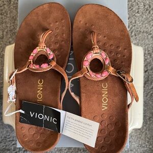 Vionic Tan Sandals with Pink Details